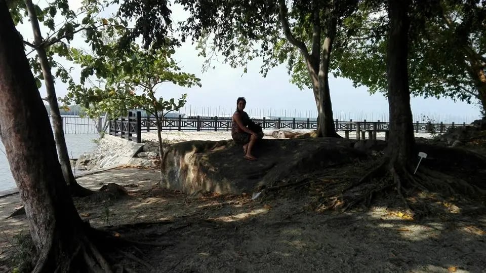 Eine Studentin der Curtin University Singapore sitzt auf einem großen Stein in einem schattigen Parkbereich nahe eines Holzstegs mit Blick auf das Wasser in Singapur.