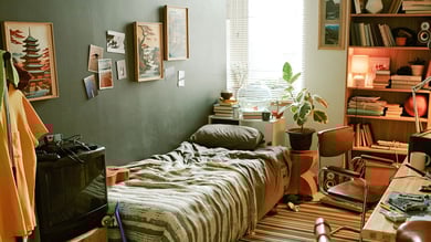Student*innenzimmer im Auslandssemester mit Bett, Schreibtisch, Büchern und persönlichen Dekorationen – gemütliche Unterkunft für internationale Studierende