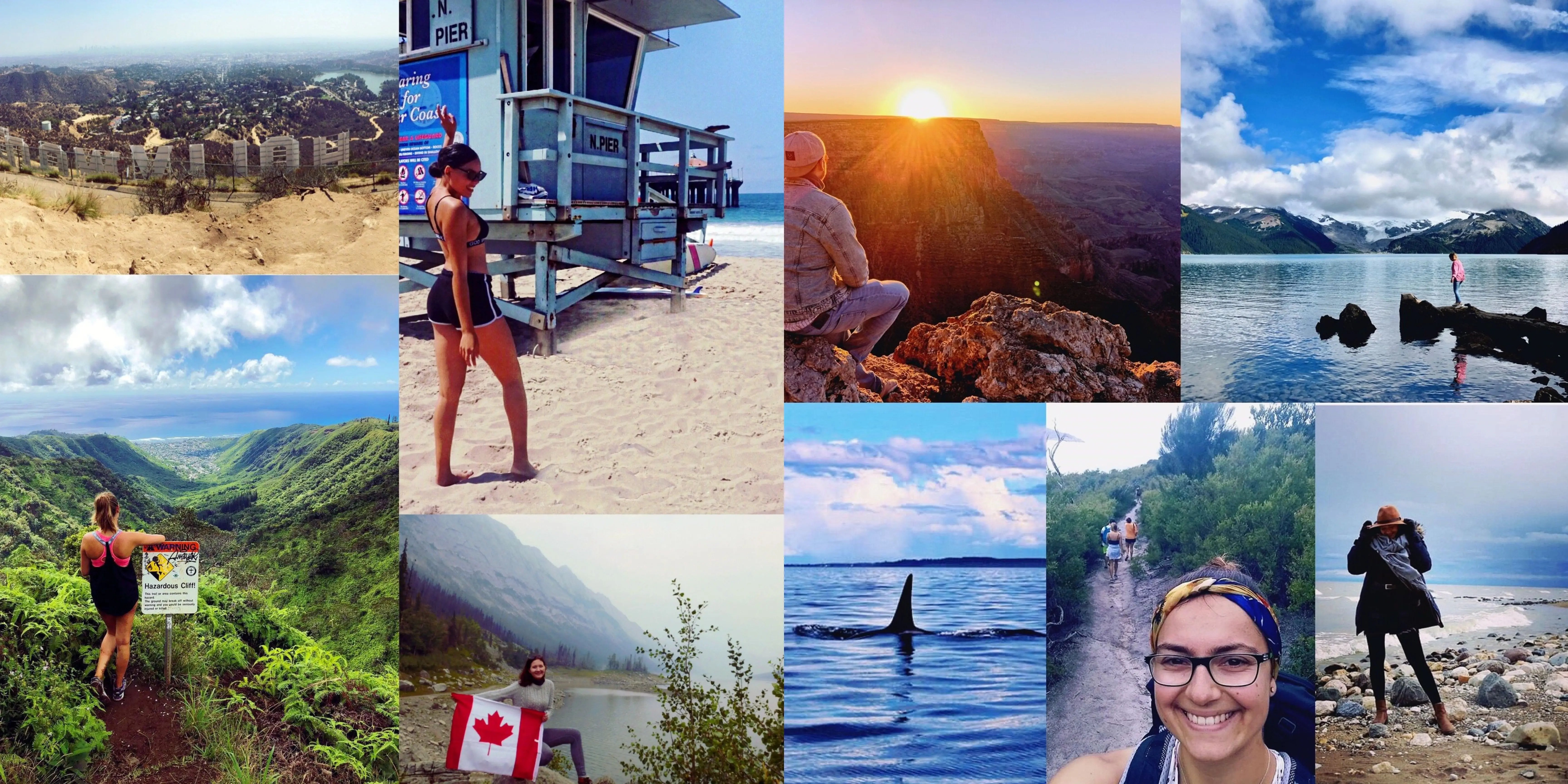 Fotocollage von Studierenden im Auslandssemester, unterschiedliche Umgebungen wie Strand, See, Dschungel und Klippen im Sonnenuntergang.