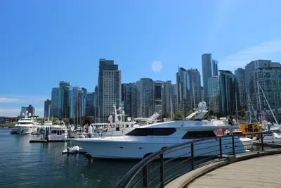 Hafenansicht in Vancouver, Kanada, mit modernen Hochhäusern, Yachten und klarem blauen Himmel.