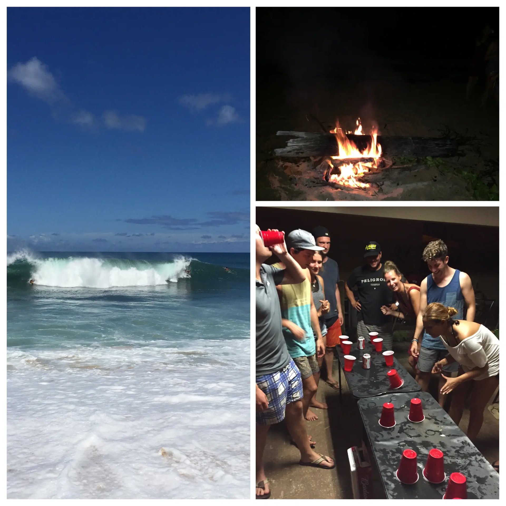Hawaii-Collage: Strandwelle, Lagerfeuer und Studierendenparty in Waikiki. Hawaii-Collage: Strandwelle, Lagerfeuer und Studierendenparty in Waikiki.